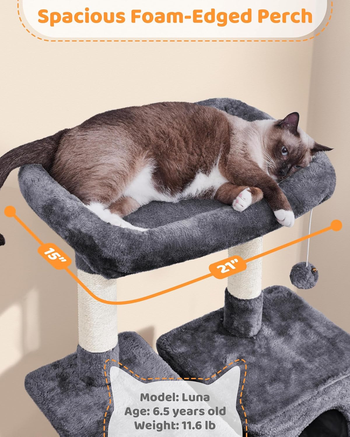 Large Multi-Level Cat Tree, 63 Inches Tall with Sisal-Covered Scratching Posts, Condo, Hammock, Dangling Ball, and Extended Platform