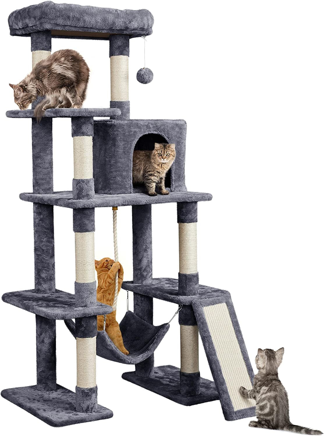 Large Multi-Level Cat Tree, 63 Inches Tall with Sisal-Covered Scratching Posts, Condo, Hammock, Dangling Ball, and Extended Platform