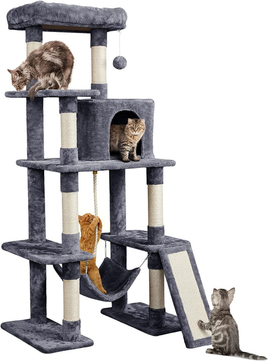 Large Multi-Level Cat Tree, 63 Inches Tall with Sisal-Covered Scratching Posts, Condo, Hammock, Dangling Ball, and Extended Platform