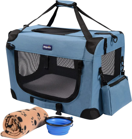 Portable Collapsible Pet Travel Crate. 24X17X17 with Soft Warm Blanket and Foldable Bowl for Large Cats & Small Dogs