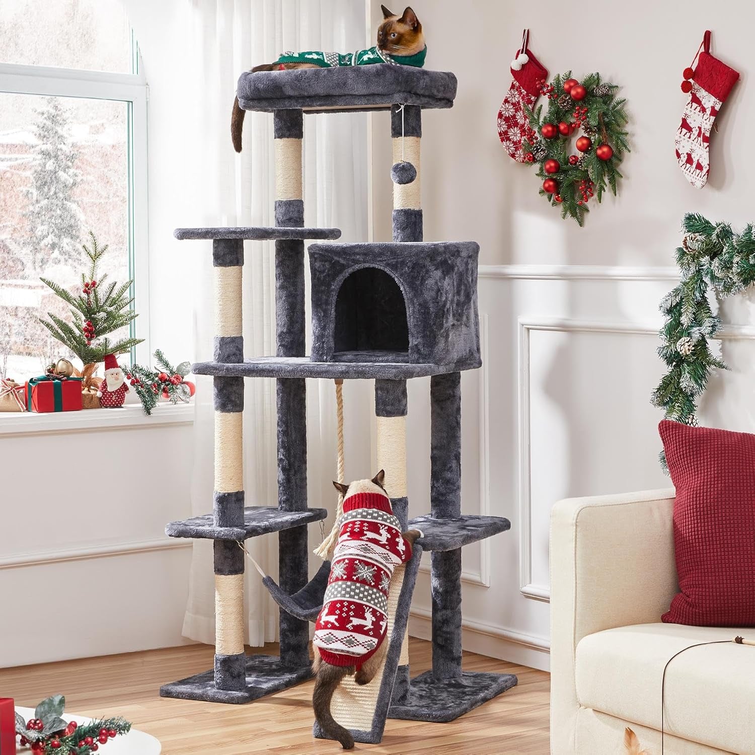 Large Multi-Level Cat Tree, 63 Inches Tall with Sisal-Covered Scratching Posts, Condo, Hammock, Dangling Ball, and Extended Platform