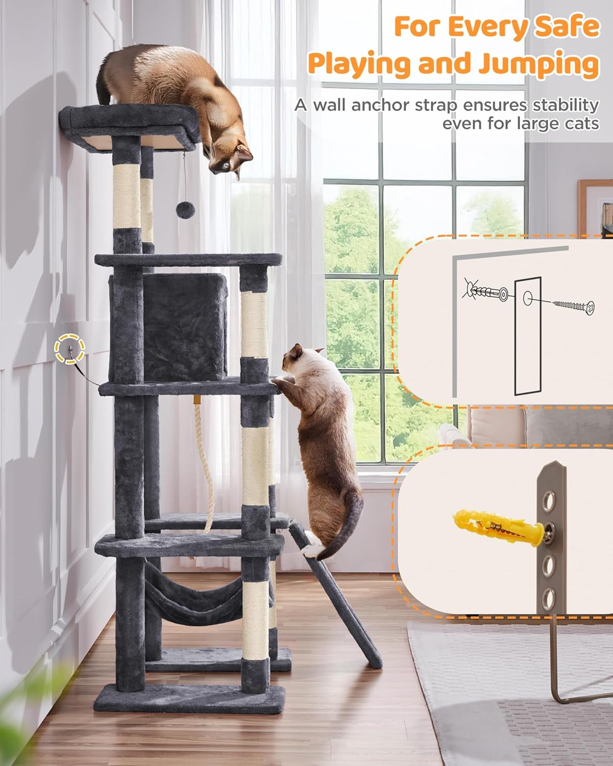 Large Multi-Level Cat Tree, 63 Inches Tall with Sisal-Covered Scratching Posts, Condo, Hammock, Dangling Ball, and Extended Platform
