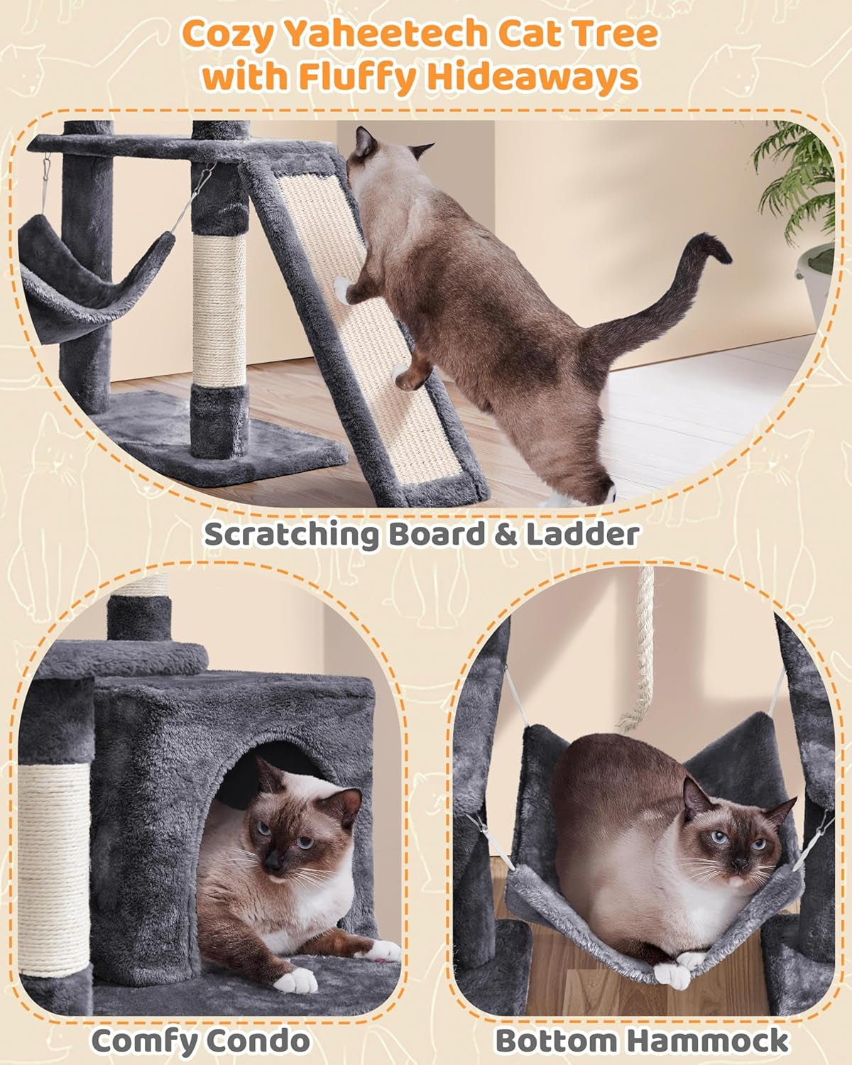 Large Multi-Level Cat Tree, 63 Inches Tall with Sisal-Covered Scratching Posts, Condo, Hammock, Dangling Ball, and Extended Platform