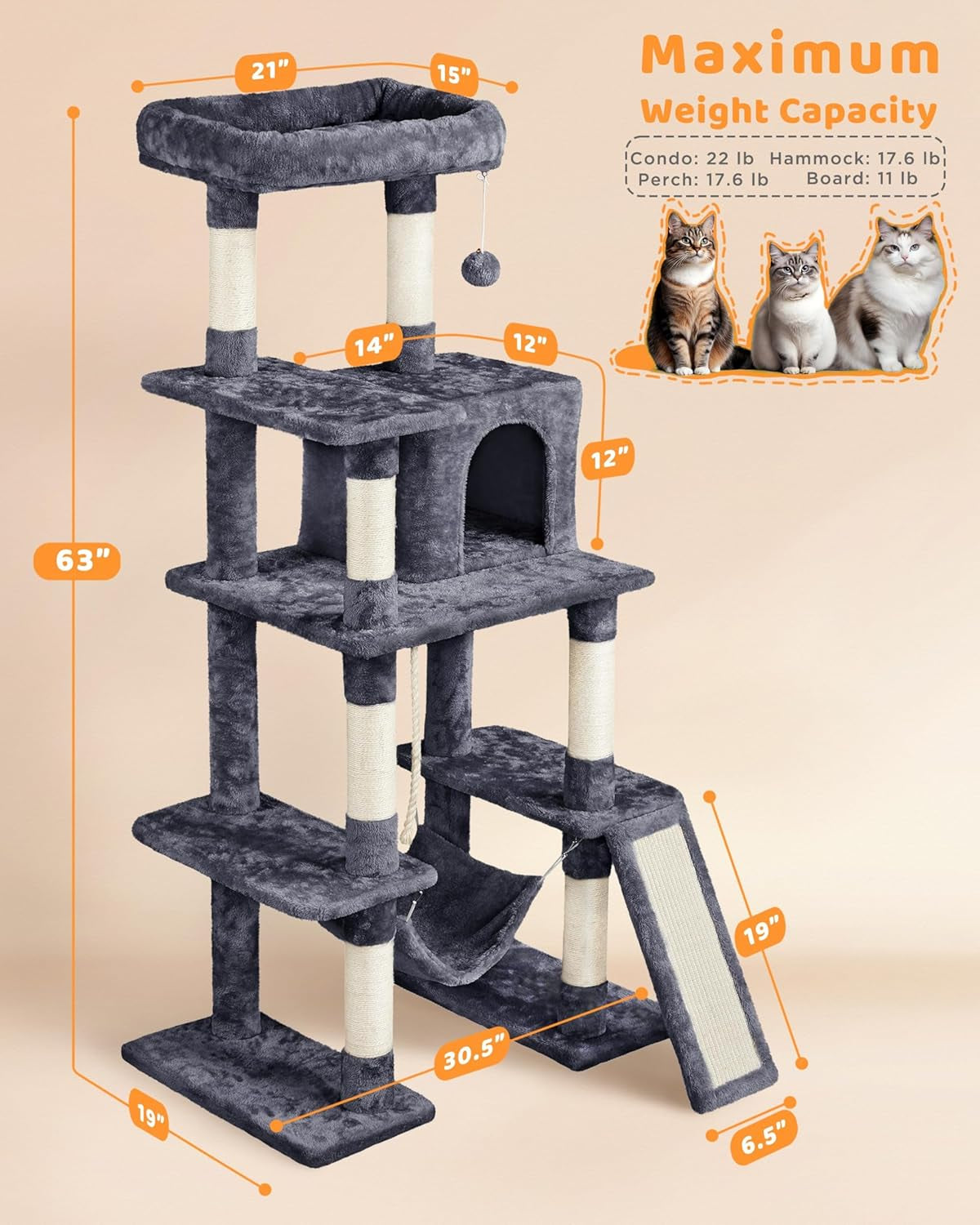 Large Multi-Level Cat Tree, 63 Inches Tall with Sisal-Covered Scratching Posts, Condo, Hammock, Dangling Ball, and Extended Platform