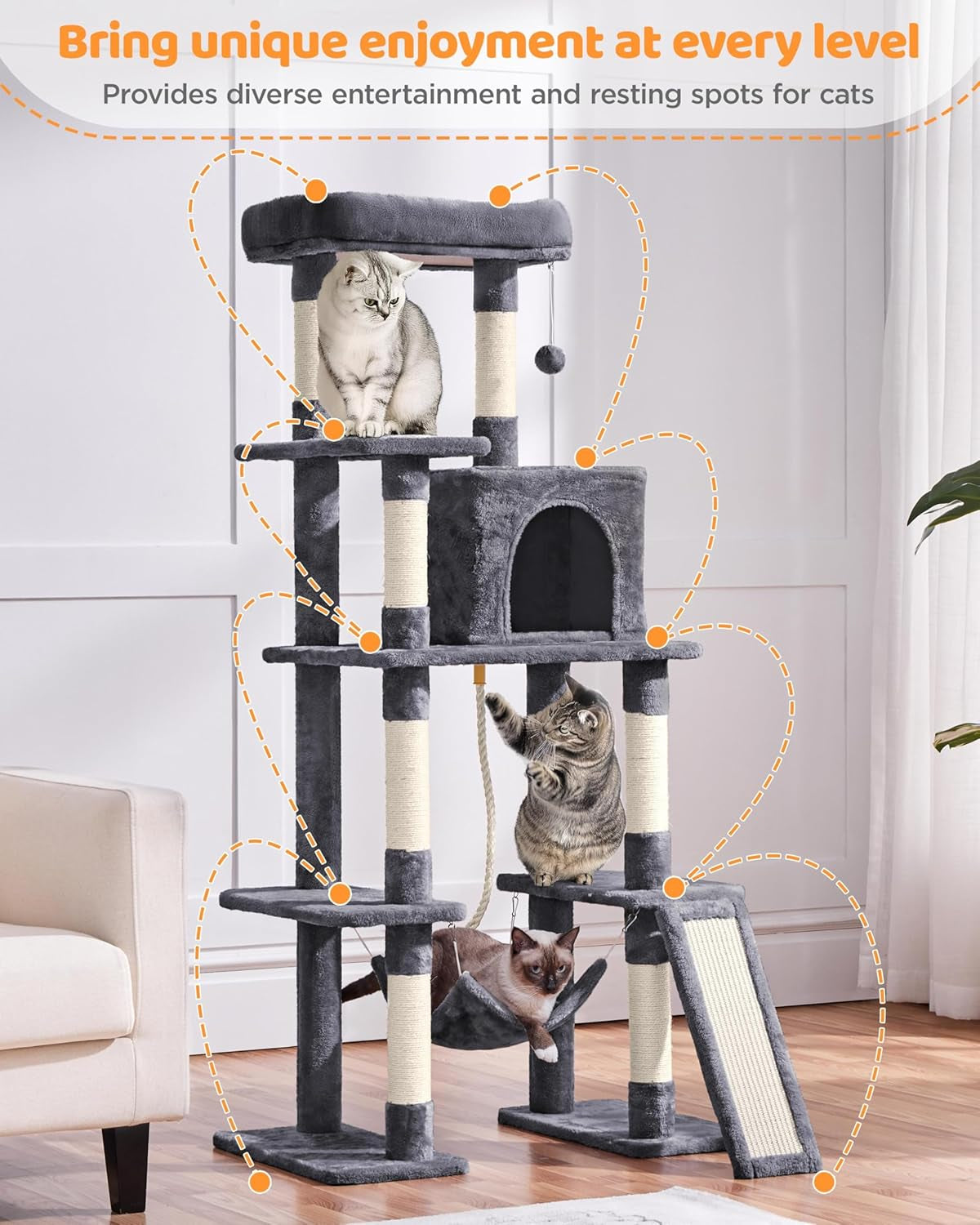 Large Multi-Level Cat Tree, 63 Inches Tall with Sisal-Covered Scratching Posts, Condo, Hammock, Dangling Ball, and Extended Platform